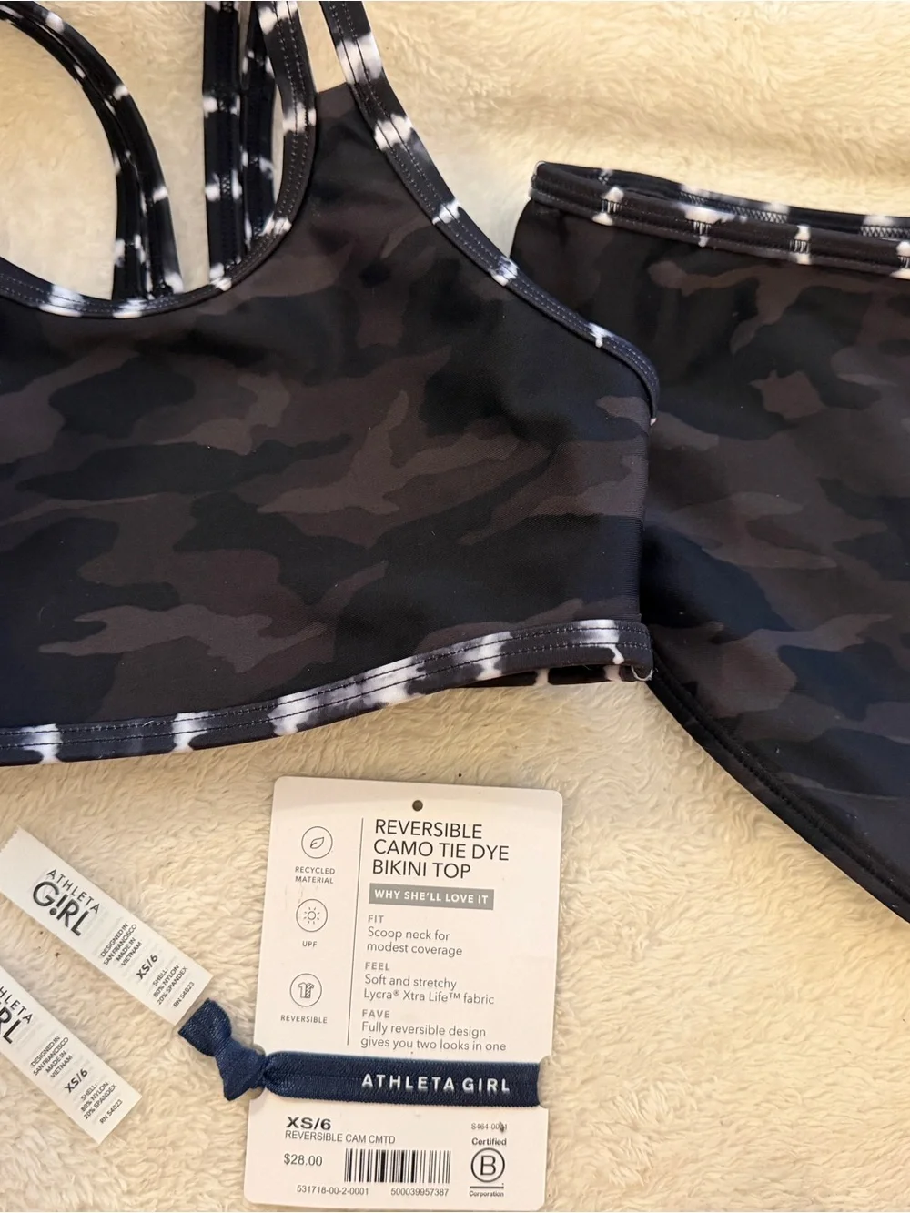 Athleta Girl reversible, camo Black & White Tie-Dye Sports Bikini Set size 6